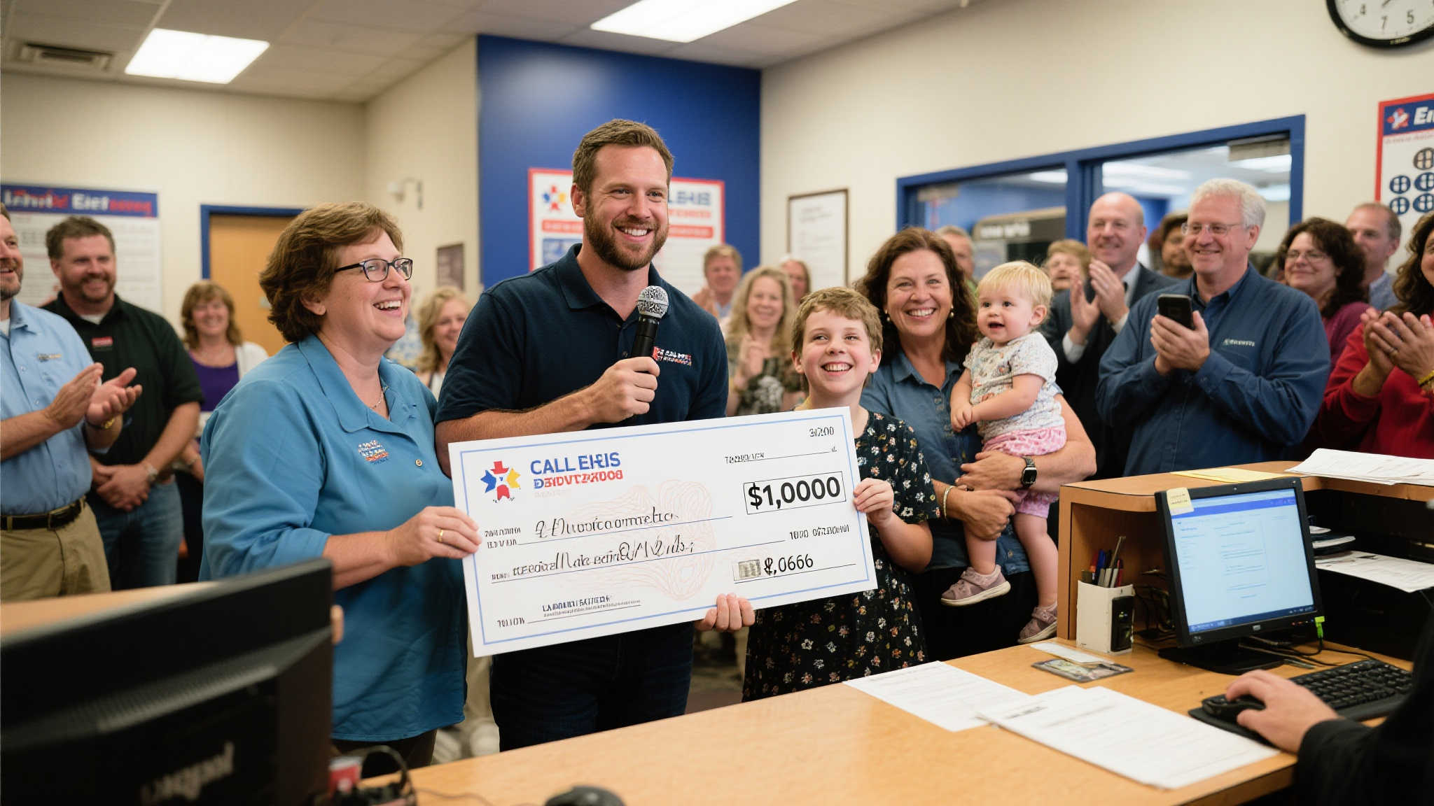 男子全家齐聚兑奖现场，分享排列五130万大奖喜悦